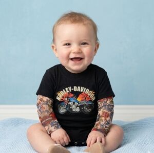 NEW Harley-Davidson Unisex Baby Bodysuit Faux Tattoo Sleeves 24Mo Black